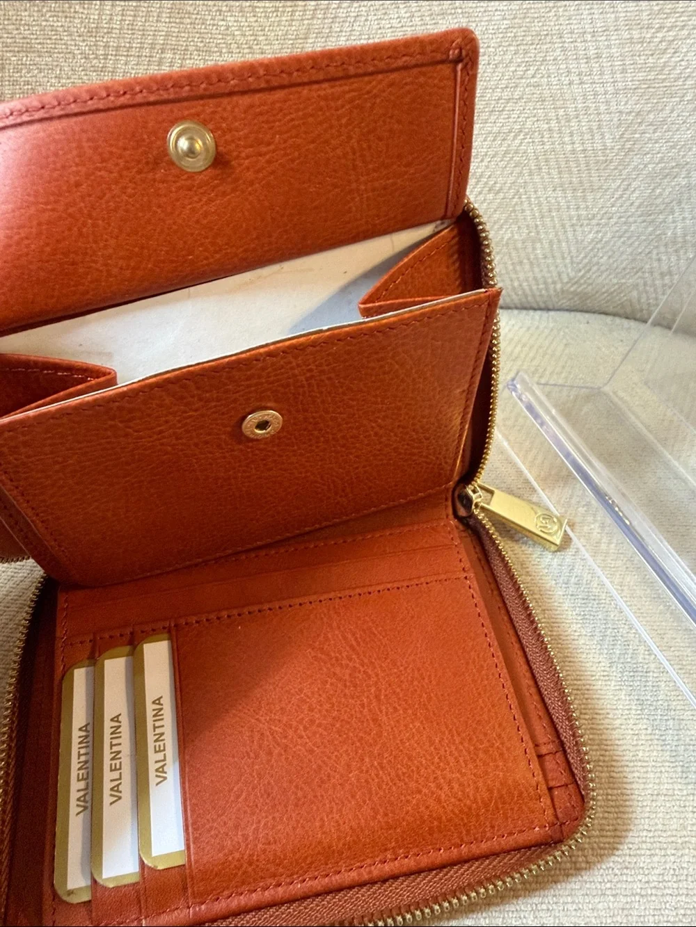 Valentina Compact Embossed Zip Wallet in Rust Tan with Gold Hardware